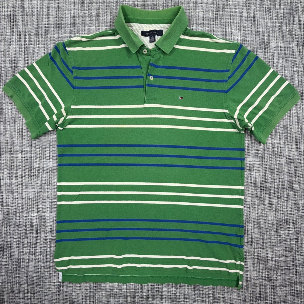 Tommy Hilfiger Mens Polo Shirt XL Green Blue White Striped Cotton Short Sleeve